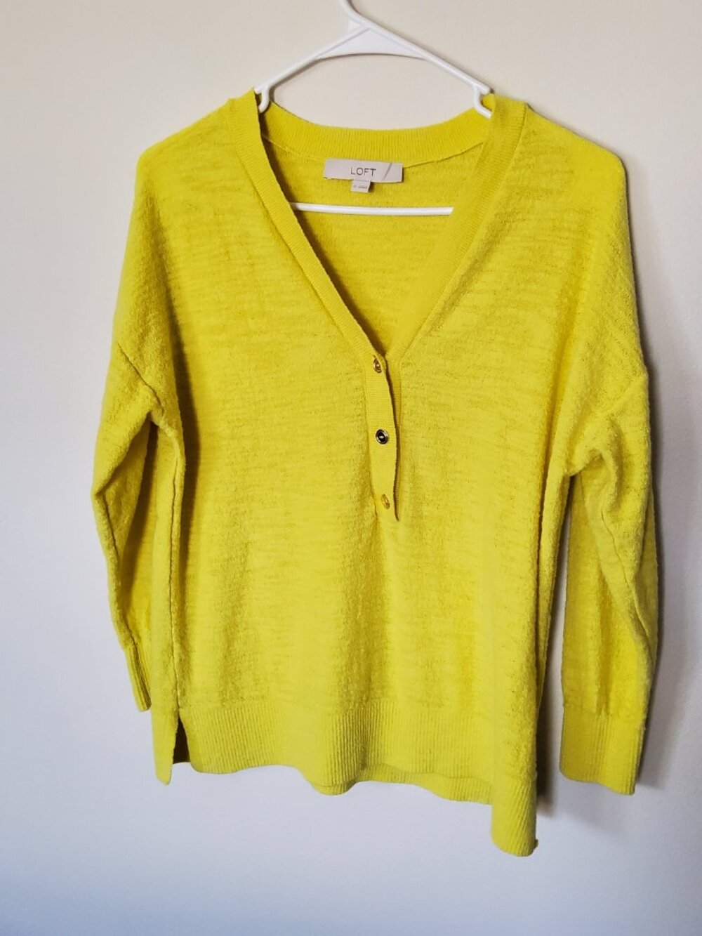 Loft Bright Yellow knit Henley V neck size S
